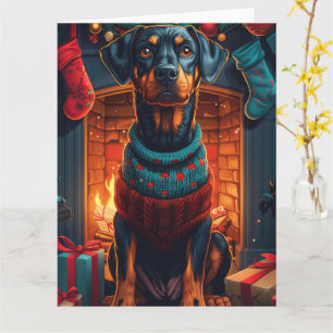 Dobermann-hond met kerstcadeaus bij de open haard kaart