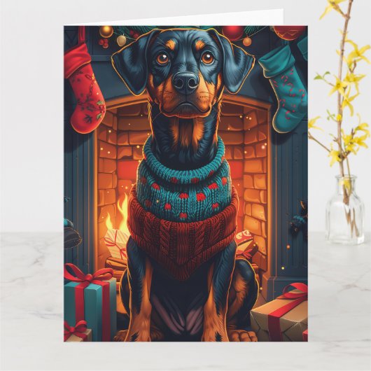 Dobermann-hond met kerstcadeaus bij de open haard kaart (Gele Bloem)