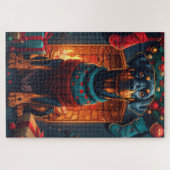 Dobermann-hond met kerstcadeaus bij de open haard legpuzzel (Horizontaal)