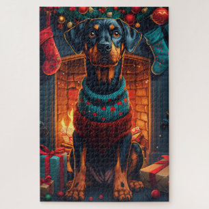 Dobermann-hond met kerstcadeaus bij de open haard legpuzzel