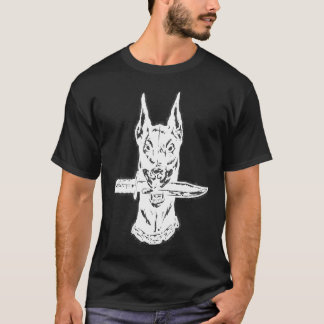 Dobermann-hond met mes tussen tanden Man Vrouwen T-shirt