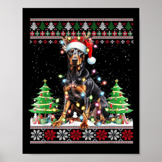 Dobermann-hond rendier kerstverlichting poster (Voorkant)