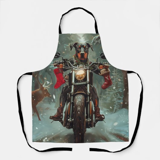 Dobermann-hond rijdt op motorfiets met Kerstmis Schort (Voorkant)