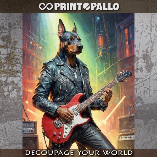 Dobermann hond speelt gitaar op een rockpodium - tissuepapier