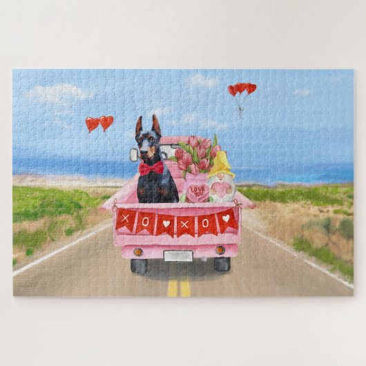Dobermann-hond Valentijnsdag vrachtwagen harten Legpuzzel (Horizontaal)