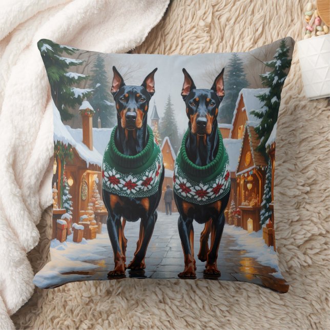 Dobermann honden Kerstmis Sneeuw Vakantie  Kussen (Deken)