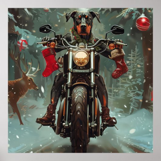 Dobermann Honden op Motorfiets Kerstmis Poster (Voorkant)