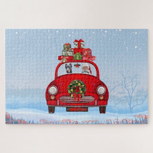 Dobermann in auto met kerstman  legpuzzel (Horizontaal)