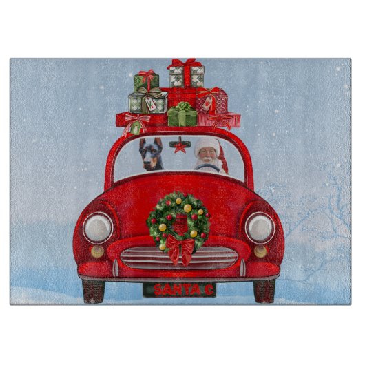 Dobermann in auto met kerstman snijplank (Voorkant)