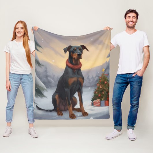Dobermann in de Sneeuw Kerstmis Fleece Deken (In situ)