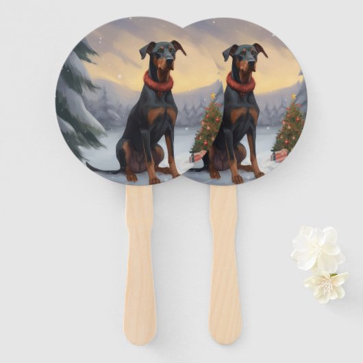 Dobermann in de Sneeuw Kerstmis Handwaaier (Voorkant en achterkant)