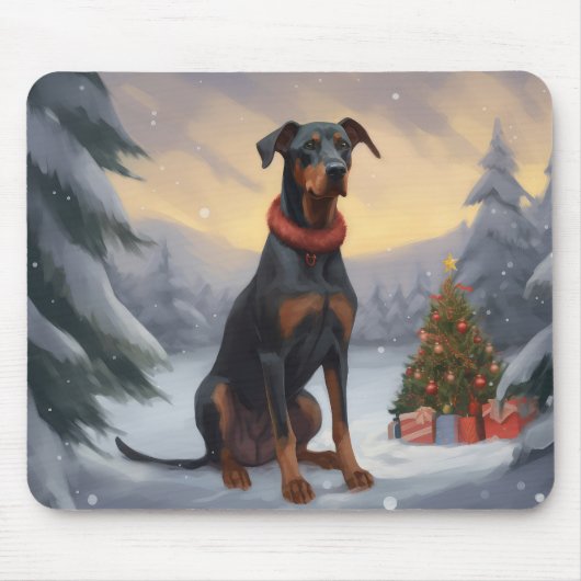 Dobermann in de Sneeuw Kerstmis Muismat (Voorkant)
