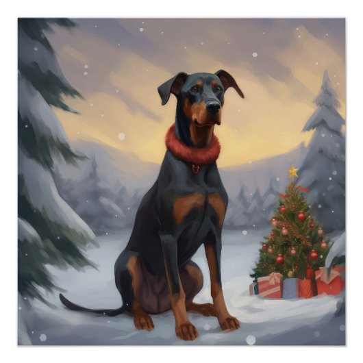 Dobermann in de Sneeuw Kerstmis Perfect Poster (Voorkant)