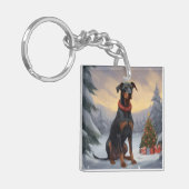 Dobermann in de Sneeuw Kerstmis Sleutelhanger (Voorkant Links)