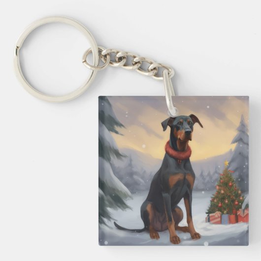 Dobermann in de Sneeuw Kerstmis Sleutelhanger (Voorkant)