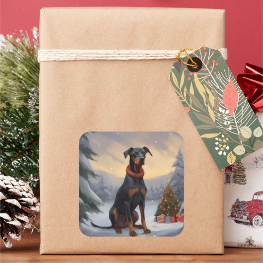 Dobermann in de Sneeuw Kerstmis Vierkante Sticker (Feestdagen)