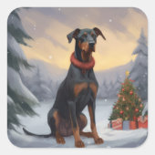 Dobermann in de Sneeuw Kerstmis Vierkante Sticker (Voorkant)