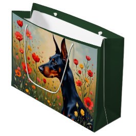 Dobermann in een veld met bloemen  groot cadeauzakje