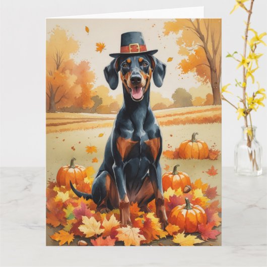 Dobermann in herfstbladeren dankdag kunst kaart (Gele Bloem)