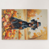 Dobermann in herfstbladeren Thanksgiving Kunst Legpuzzel (Horizontaal)