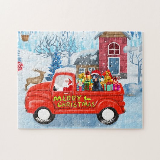 Dobermann in Kerstbezorgtruck Sneeuw Legpuzzel (Horizontaal)