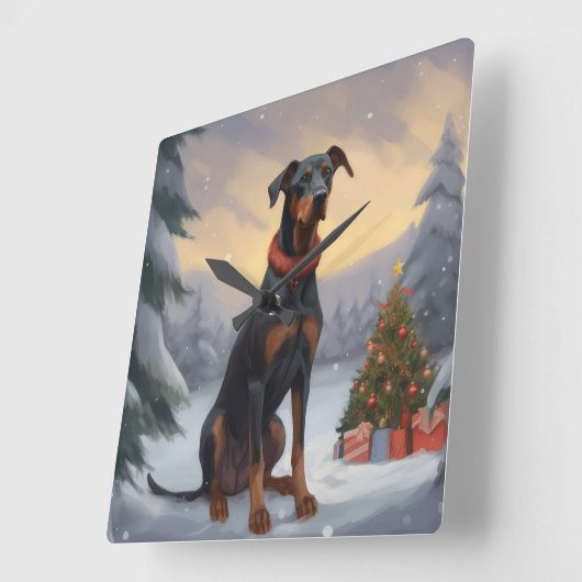 Dobermann in Sneeuw Kerstmis  Vierkante Klok (Hoek)