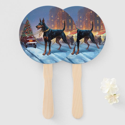 Dobermann Kerst Feestelijke Periode Handwaaier (Voorkant en achterkant)