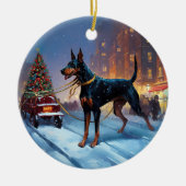 Dobermann Kerst Feestelijke Periode Keramisch Ornament (Voorkant)