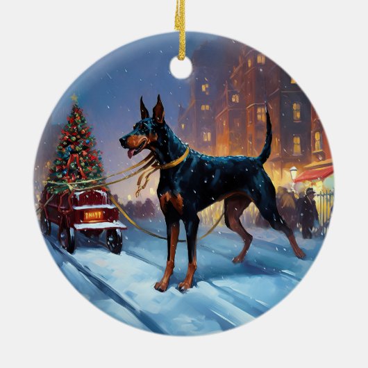Dobermann Kerst Feestelijke Periode Keramisch Ornament (Achterkant)