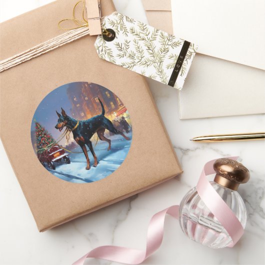 Dobermann Kerst Feestelijke Periode Ronde Sticker (Geschenken)