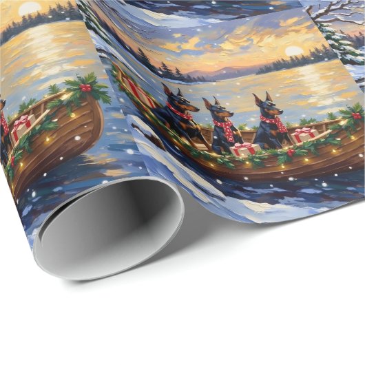 Dobermann Kerstboot Feestdag Cadeaupapier (Rol Hoek)