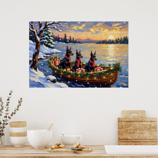 Dobermann Kerstboot Vakantie Poster (Keuken)
