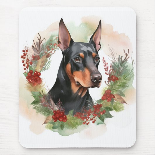 Dobermann Kerstkrans Festieve Pup Muismat (Voorkant)