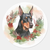 Dobermann Kerstkrans Festieve Pup Ronde Sticker (Voorkant)