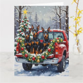 Dobermann Kerstmis Rode Truck Kerstfeest Kaart (Gele Bloem)