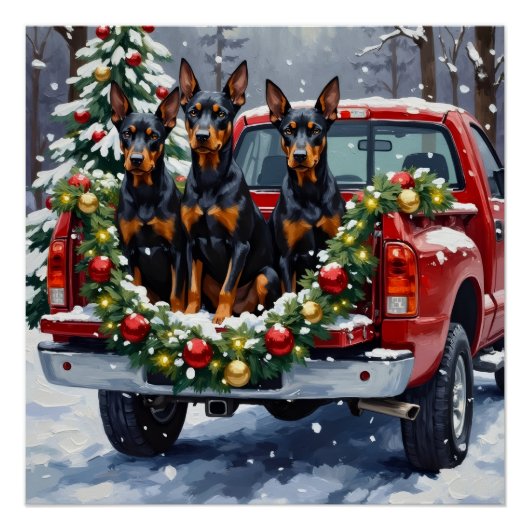 Dobermann Kerstmis Rode Truck Kerstfeest Perfect Poster (Voorkant)