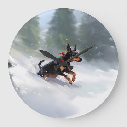 Dobermann Kerstmis sneeuw winter Grote Klok (Voorkant)