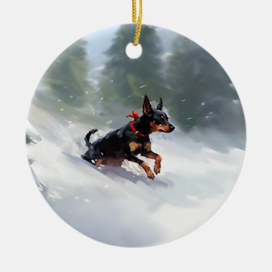 Dobermann Kerstmis sneeuw winter Keramisch Ornament (Voorkant)