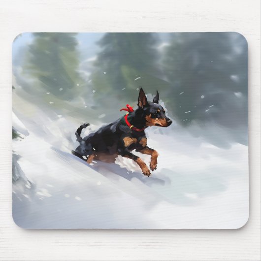 Dobermann Kerstmis sneeuw winter Muismat (Voorkant)