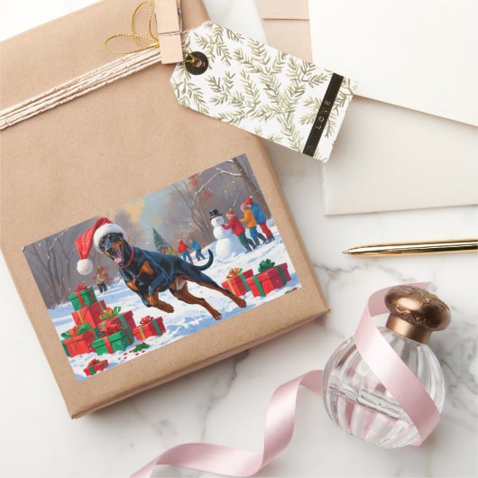 Dobermann loopt in de sneeuw met kerstmuts rechthoekige sticker (Geschenken)