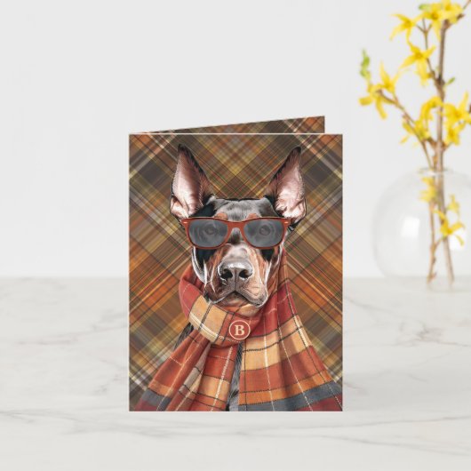 Dobermann Pinscher Hond Herfst Plaid Monogram Kaart (Gele Bloem)