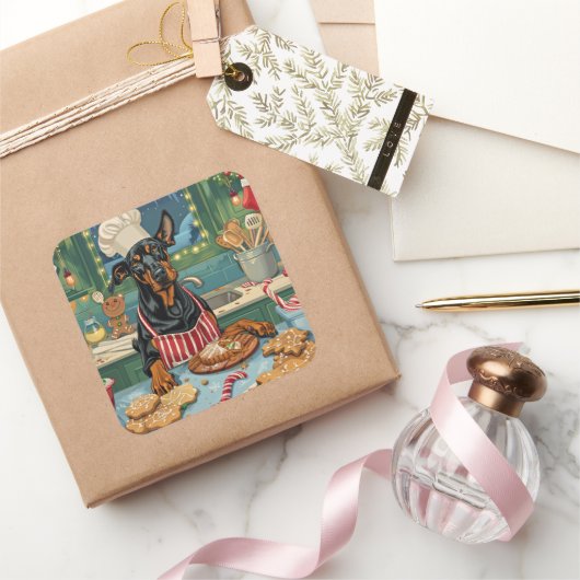 Dobermann Pinscher Kerstbakfeest Kerstmis Vierkante Sticker (Geschenken)