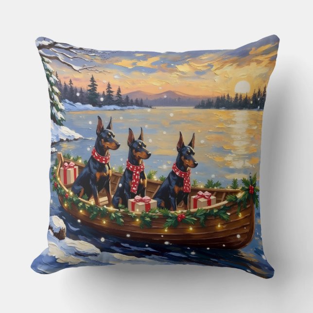Dobermann Pinscher Kerstboot Vakantie Kussen (Voorkant)