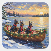 Dobermann Pinscher Kerstboot Vakantie Vierkante Sticker (Voorkant)