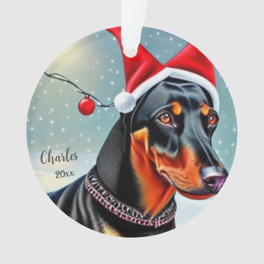 Dobermann Pinscher, Kerstman Hond, Kerst Ornament (voorkant)