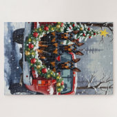 Dobermann Pinscher Kerstmis Rode Truck Winter Legpuzzel (Horizontaal)