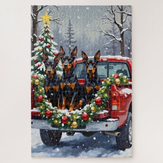 Dobermann Pinscher Kerstmis Rode Truck Winter Legpuzzel (Verticaal)