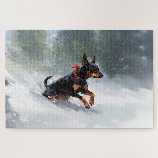 Dobermann Pinscher Kerstmis sneeuw winter Legpuzzel (Horizontaal)