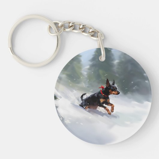 Dobermann Pinscher Kerstmis sneeuw winter Sleutelhanger (Voorkant)