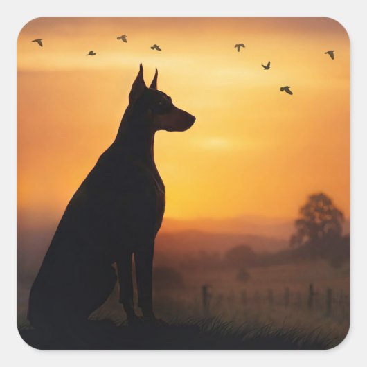 Dobermann Pinscher Silhouet Zonsondergang Vierkante Sticker (Voorkant)